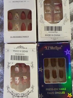 Assorted Press-On Nail Sets - Pink, Mauve, Brown Floral & Bee Accents 4pk